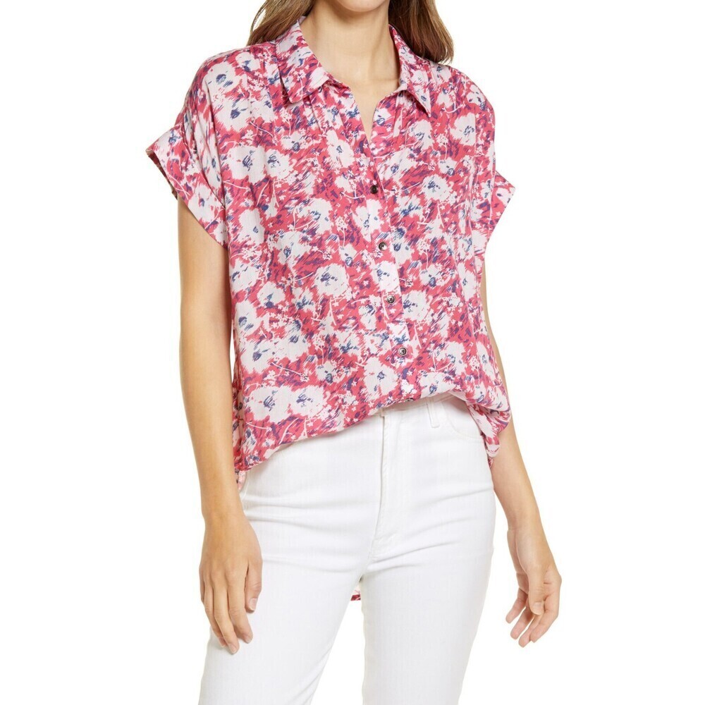 Caslon Women's Summer Crepe Camp Shirt In Red Floral Print Size S fits relax
